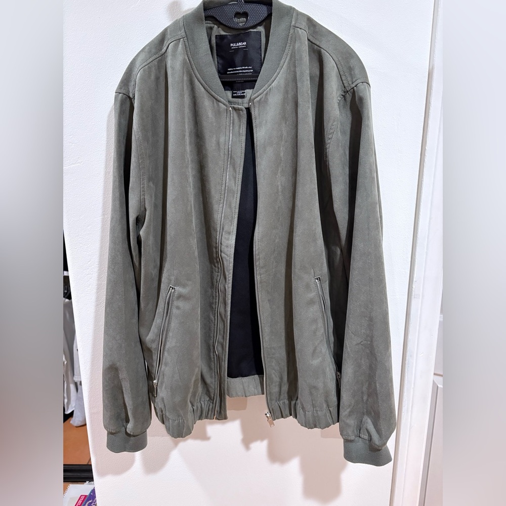 Pull and Bear lightweight suede bomber jacket in olive green